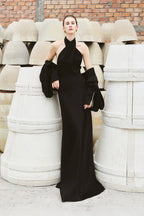 Linri Silk Satin Long Cape - Black