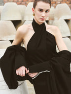Linri Silk Satin Long Cape - Black