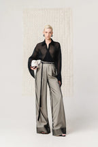 Wide-Leg Mesh Panel Pants - Black