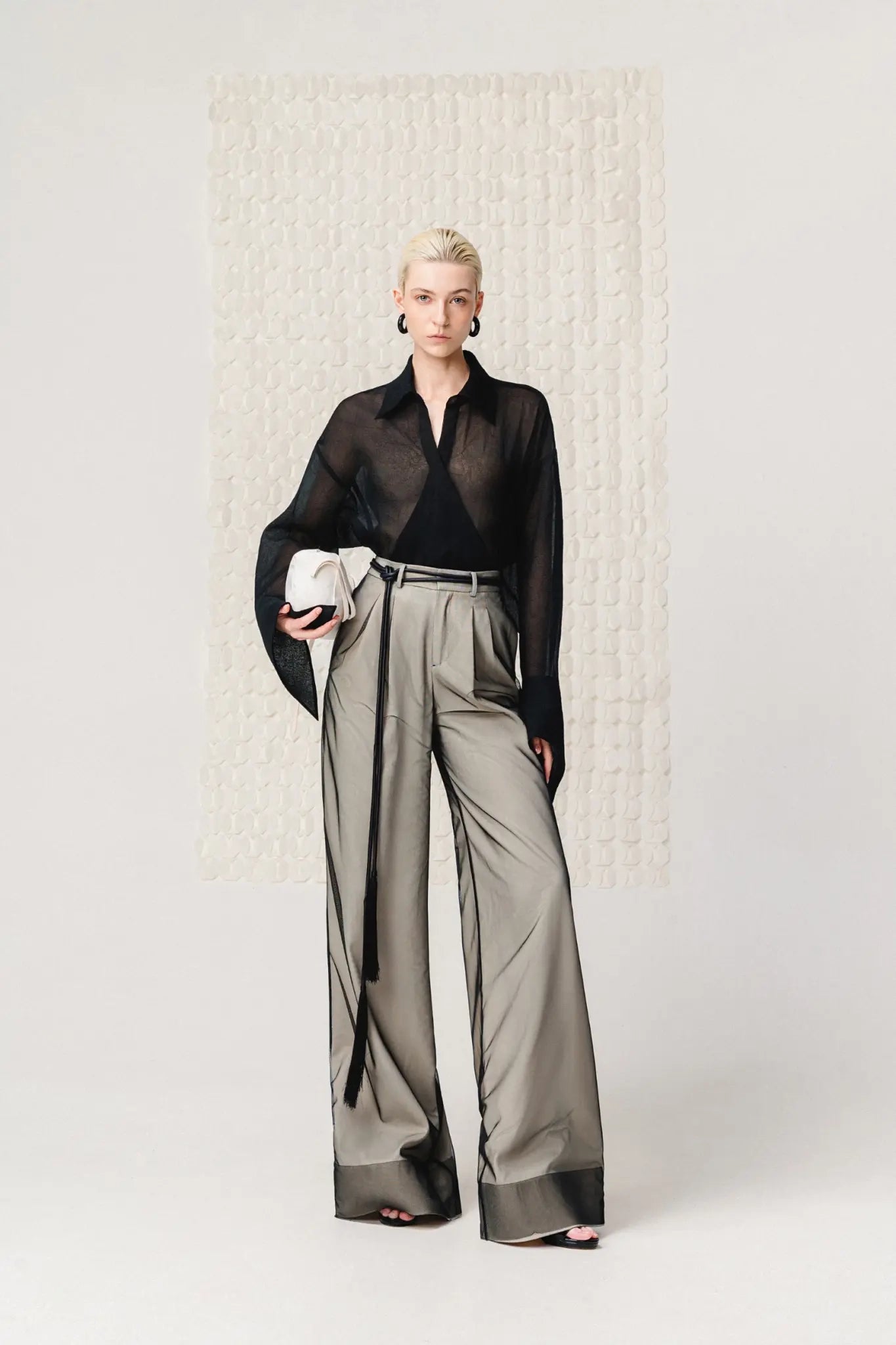 Wide-Leg Mesh Panel Pants - Black