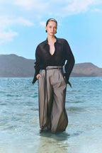 Wide-Leg Mesh Panel Pants - Black