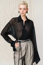 Wide-Leg Mesh Panel Pants - Black