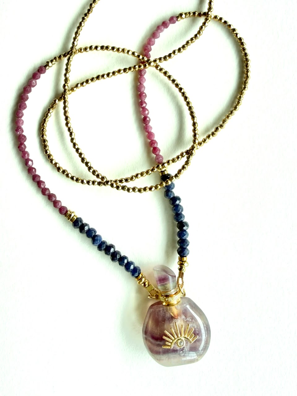 Amethyst Potion Bottle Pendant with Pink and Blue Agate and Gold Hematite