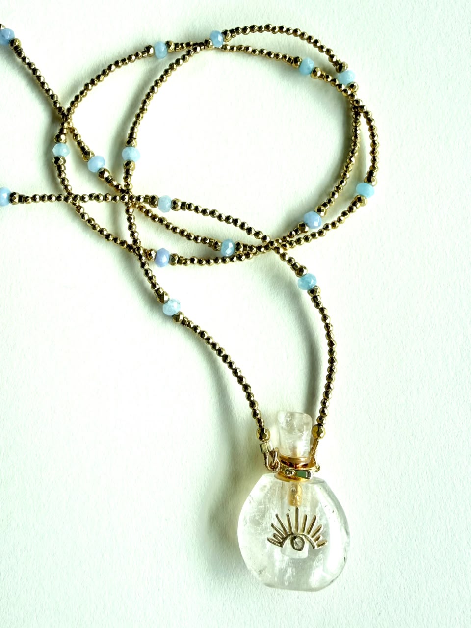 White Quartz Potion Bottle Pendant with Gold Hematite and Blue Lace