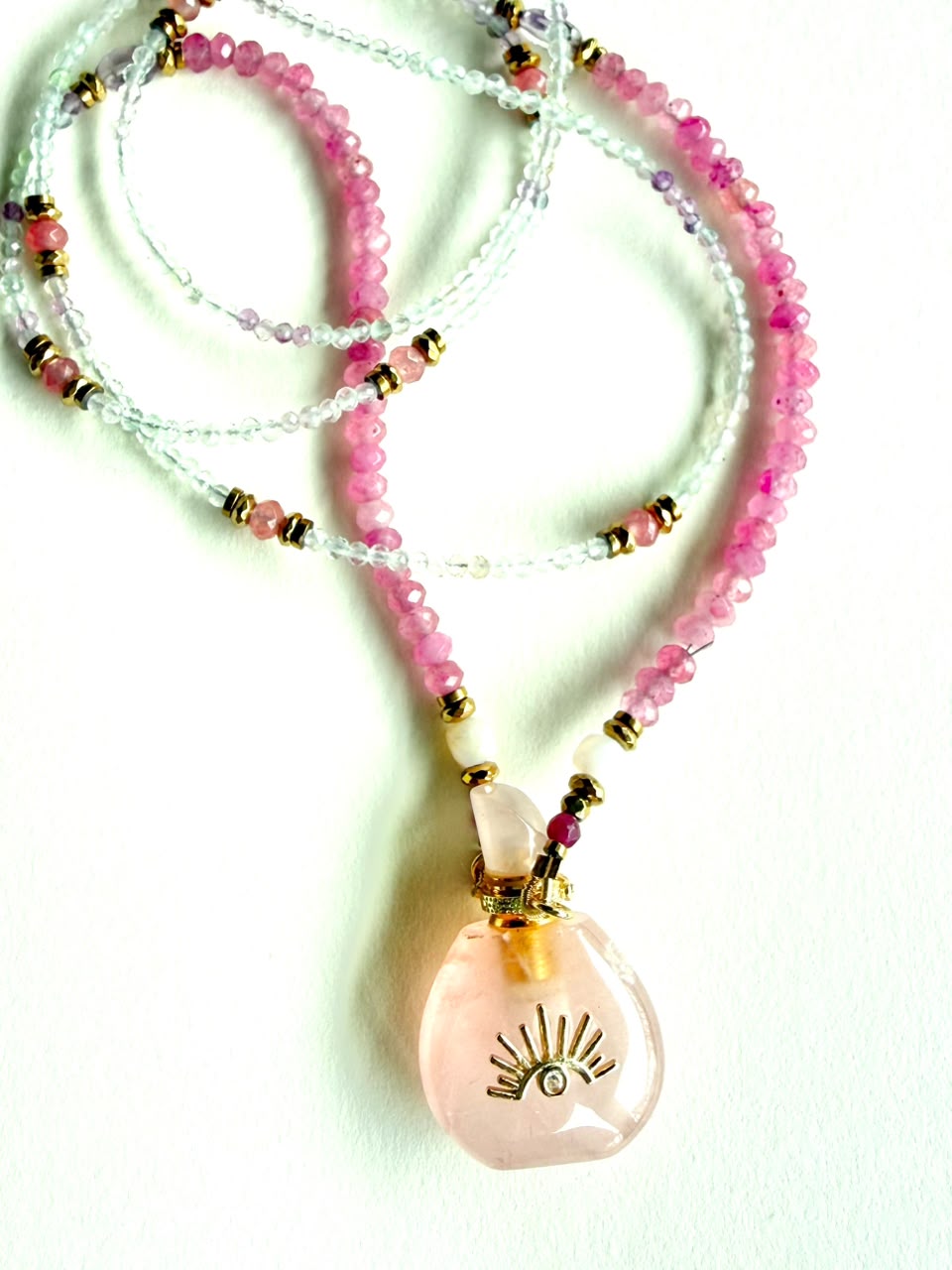 Rose Quartz Potion Bottle Pendant with Blue and Pink Tourmaline