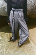 Wide-Leg Mesh Panel Pants - Black