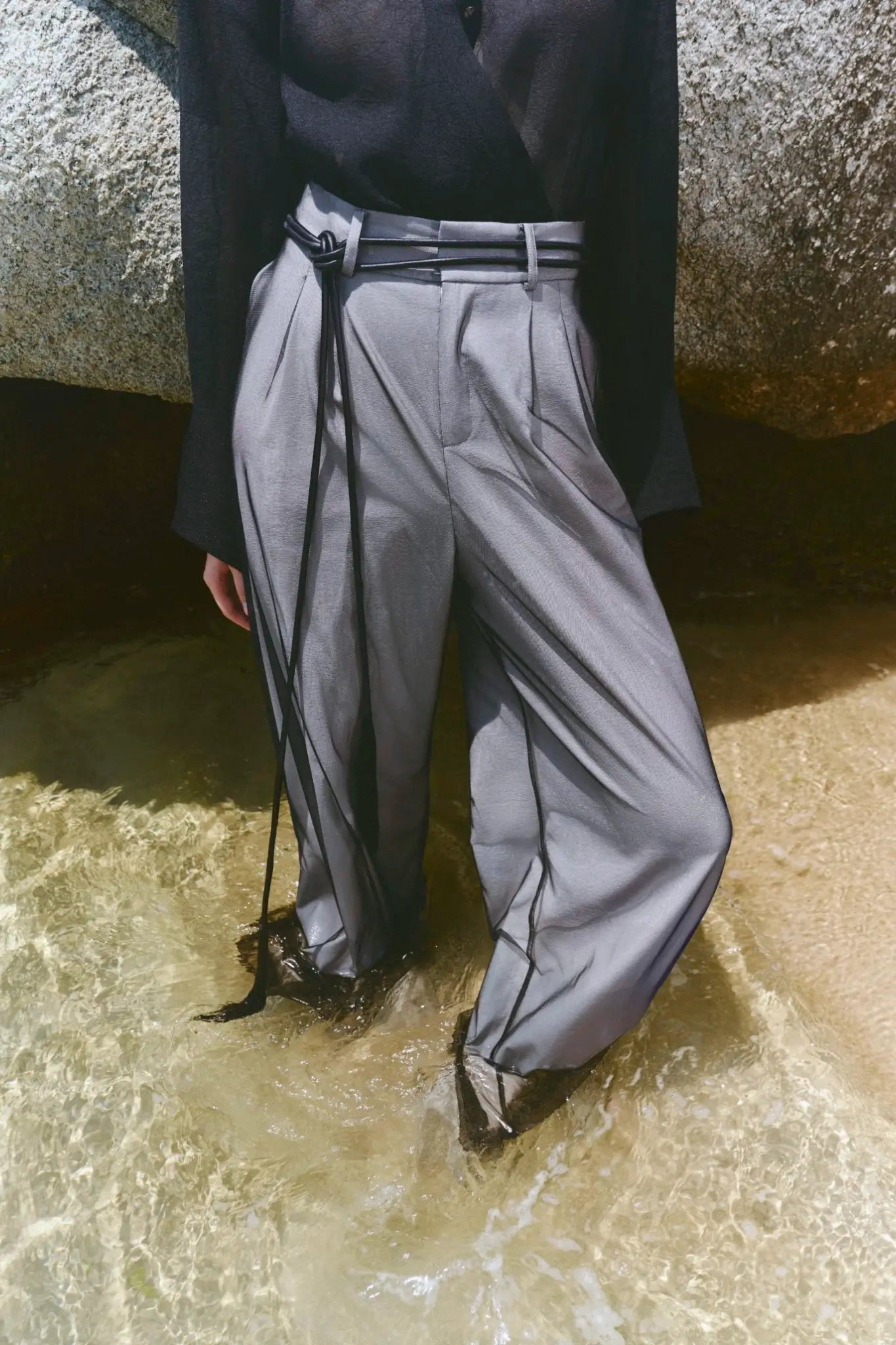 Wide-Leg Mesh Panel Pants - Black