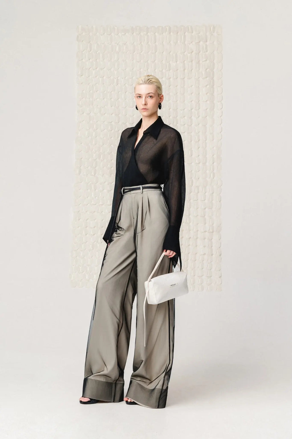 Wide-Leg Mesh Panel Pants - Black