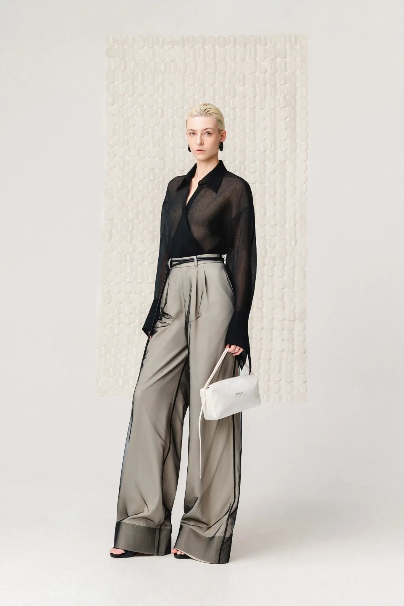 Wide-Leg Mesh Panel Pants - Black